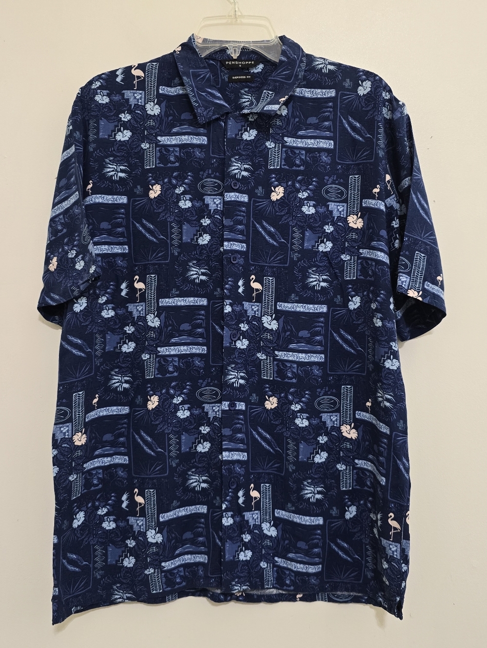 PENSHOPPE size Small Tropical Hawaain‎ Oversized Button Shirt Blue Resort Casual